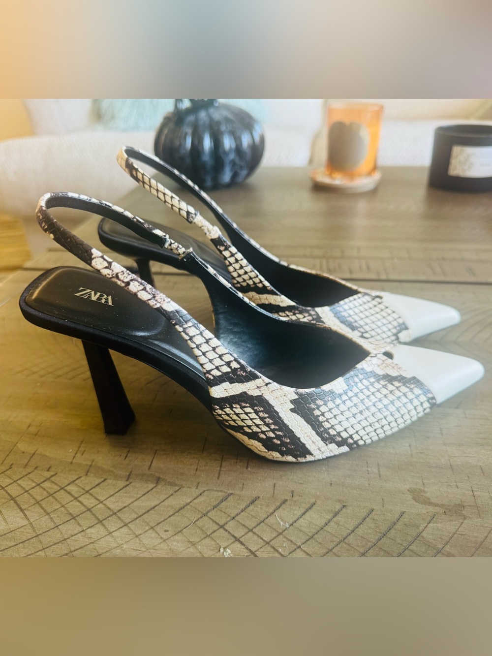 New - Zara Black & White Snake-Print Pointed Slingback Heels